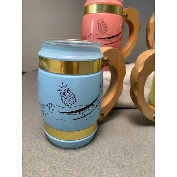 Vintage Siesta Ware Frosted Tiki Mugs With Wood & Brass Handles - 5 Rainbow Colo - Picture 2 of 13